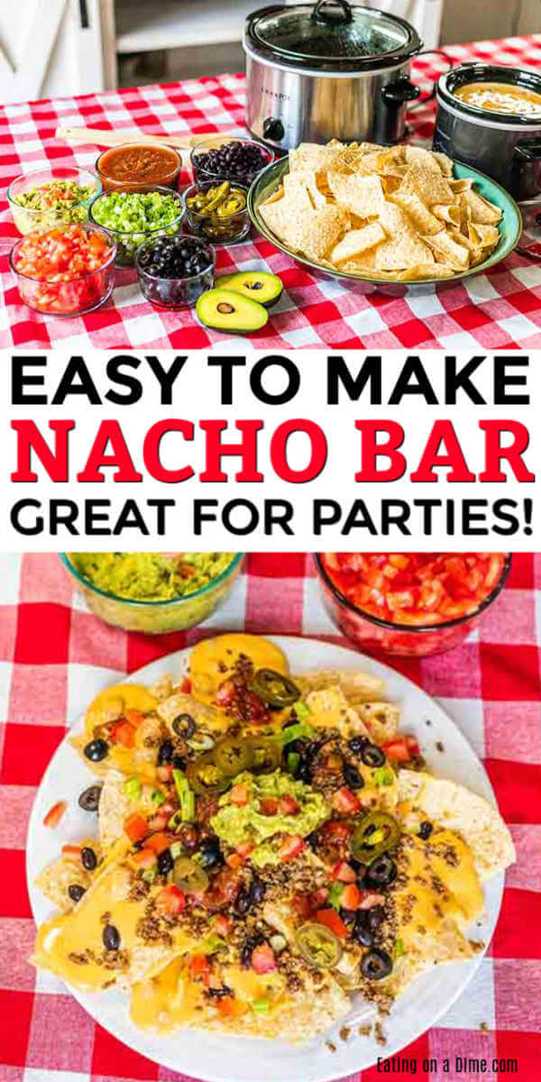 We love to fix a nacho bar for parties, game day and more. It is easy and always a hit. Everyone loves to customize their nachos and it's a fun meal idea. Spend less time in the kitchen and more time with your guests. This is a win all around. #eatingonadime #easynachobar #gamedaynachobar