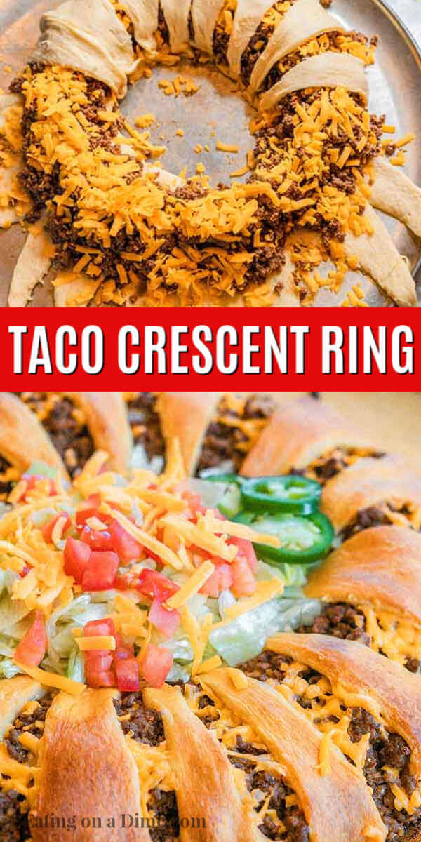 Taco crescent ring recipe is the perfect party food or dinner idea for a fun meal idea. Everyone loves this beef taco crescent ring and it is so easy. Taco crescent ring recipes are always a hit and this taco crescent ring easy recipe does not disappoint. Try Taco crescent ring pillsbury today. Serve taco crescent ring ground beef and toppings. #eatingonadime #tacocrescentringrecipe