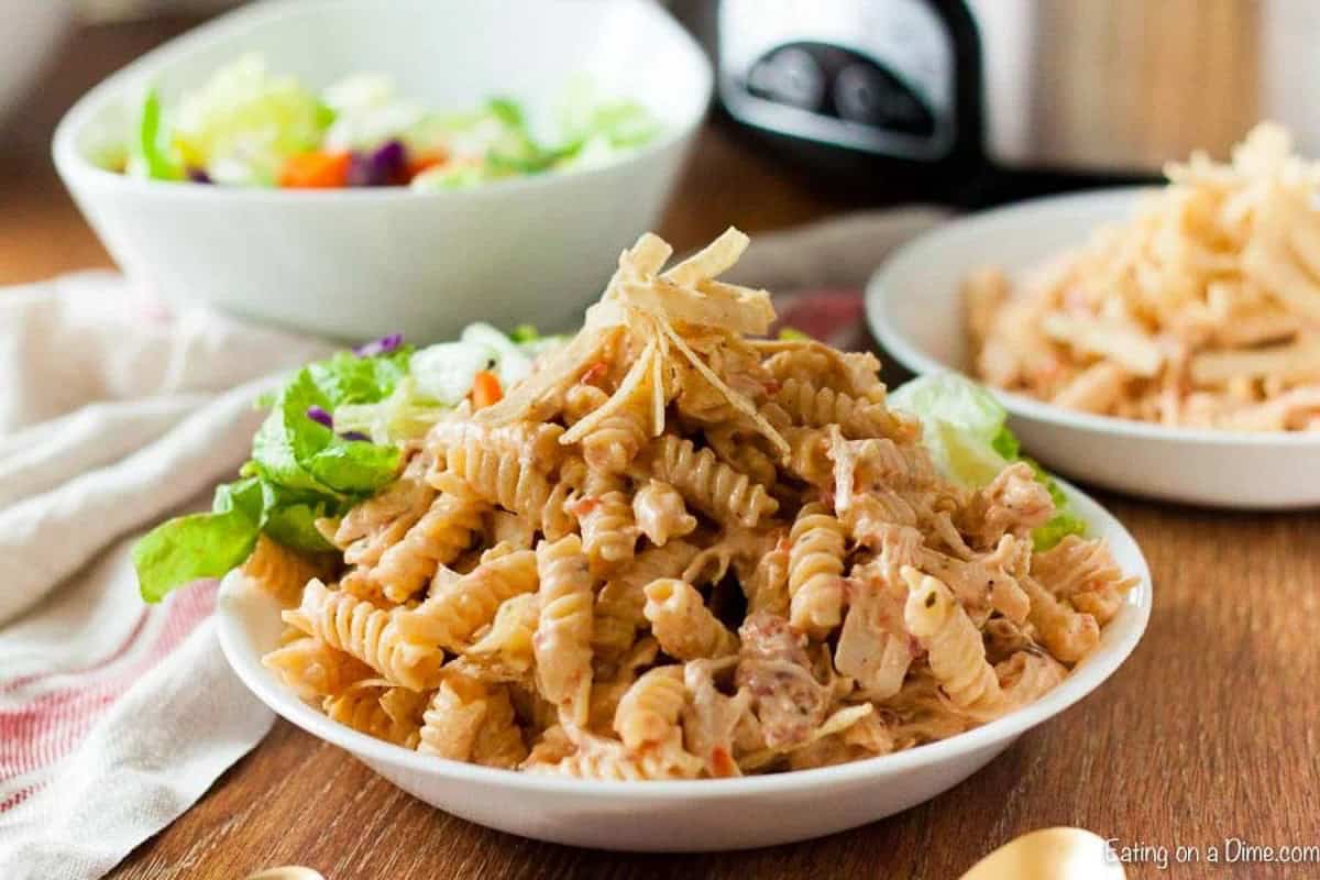 Crock pot creamy salsa ranch chicken pasta recipe is the perfect meal anytime you are craving comfort food. The ranch flavor and salsa taste amazing.