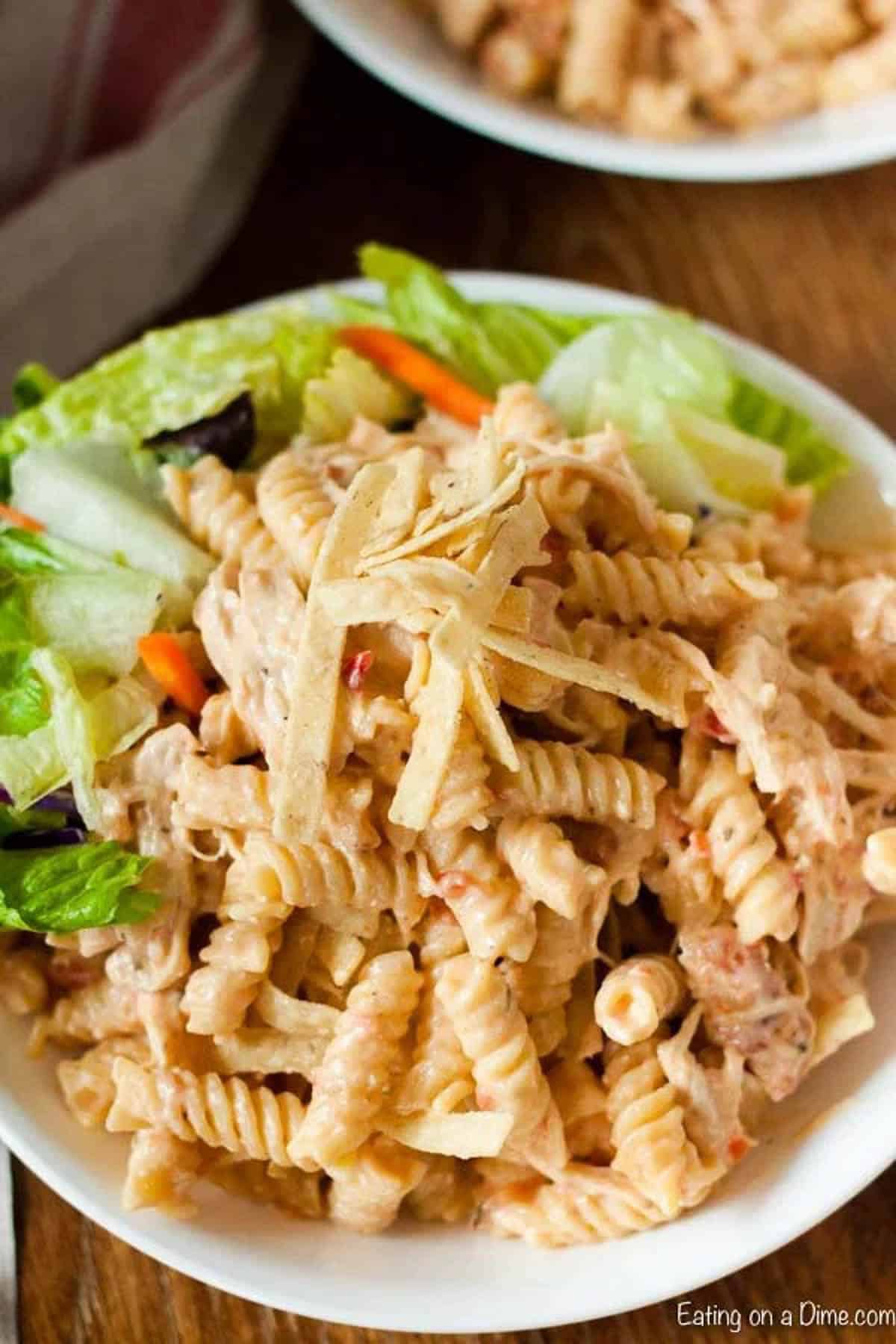 Crock pot creamy salsa ranch chicken pasta recipe is the perfect meal anytime you are craving comfort food. The ranch flavor and salsa taste amazing.