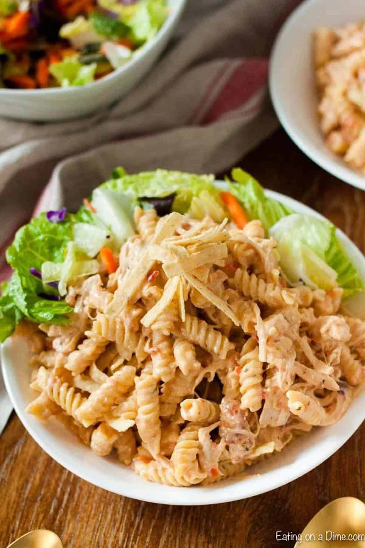 Crock pot creamy salsa ranch chicken pasta recipe is the perfect meal anytime you are craving comfort food. The ranch flavor and salsa taste amazing.