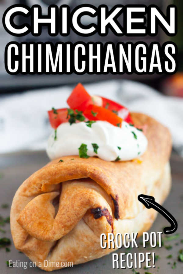 Mexican Monday just got easier thanks to Chicken Chimichangas recipe in the crock pot. Flavorful and tender chicken is slow cooked to perfection making it so easy to make homemade chimichangas. Try this chicken chimichanga recipe easy. You can bake or use the air fryer for this shredded chicken recipe. #eatingonadime #chickenchimichangas