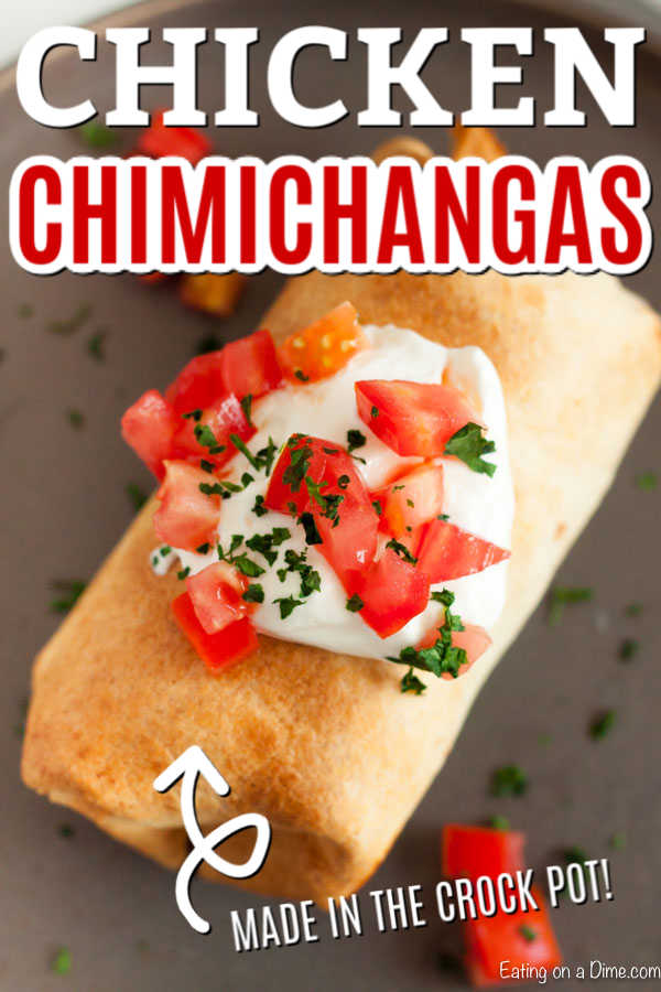 Mexican Monday just got easier thanks to Chicken Chimichangas recipe in the crock pot. Flavorful and tender chicken is slow cooked to perfection making it so easy to make homemade chimichangas. Try this chicken chimichanga recipe easy. You can bake or use the air fryer for this shredded chicken recipe. #eatingonadime #chickenchimichangas