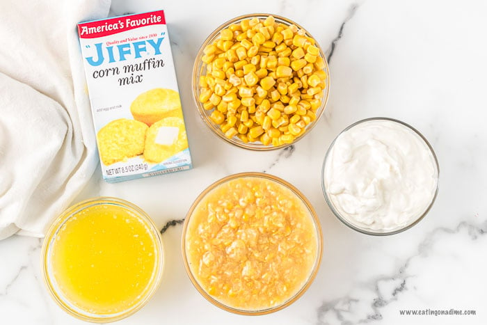 Corn Casserole ingredients - jiffy corn muffin mix, corn, sour cream, butter