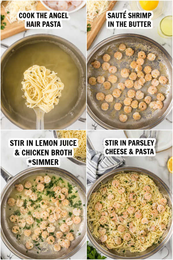 Close up image of the process of making lemon garlic shrimp scampi with pasta. 