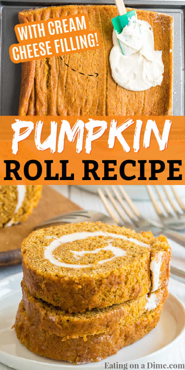 Try this classic and easy pumpkin roll recipe. This is the best homemade pumpkin roll recipe with easy cream cheese filling. It’s perfect for an easy thanksgiving dessert that is simple but still perfectly moist! #eatingonadime #pumpkinrecipes #thanksgivingdesserts 