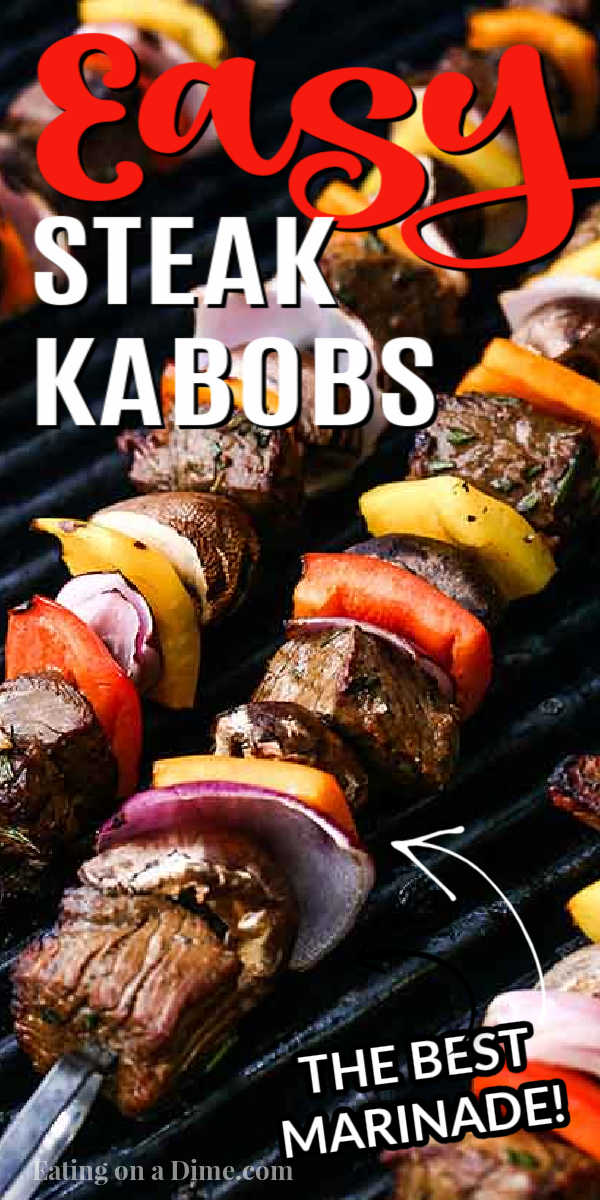 Grilled steak kabobs recipe has everything you need for a great meal. Flavorful steak and tender veggies combine on the grill beef skewers for an amazing dinner. The easy marinade is flavorful. #eatingonadime #marinadedgrillsteakkabobs