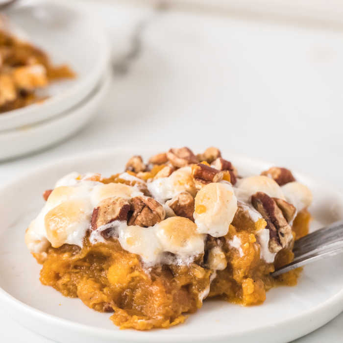 Serving of sweet potato casserole on a plate