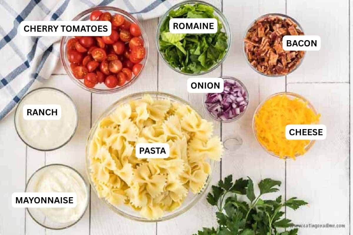BLT Pasta Salad is always a crowd pleaser. There is something about that creamy ranch dressing combined with the bacon and veggies that make this delicious. Ingredients for recipe: cherry tomatoes, romaine, bacon, onion, cheese, pasta, ranch and mayo.