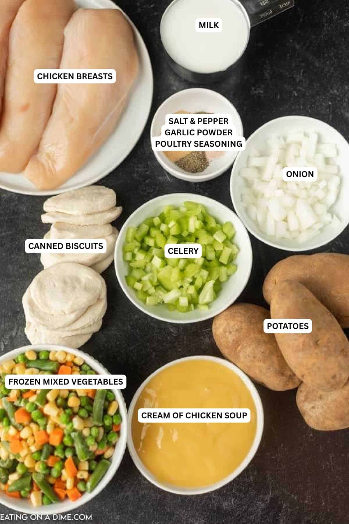 You are going to love this easy Instant Pot Chicken Pot Pie Recipe. It is the best pot pie recipe and its ready in under an hour! Ingredients for recipe: milk, chicken breasts, salt and pepper, garlic powder, poultry seasoning, onion, canned biscuits, celery, potatoes, cream of chicken soup and frozen mixed vegetables.
