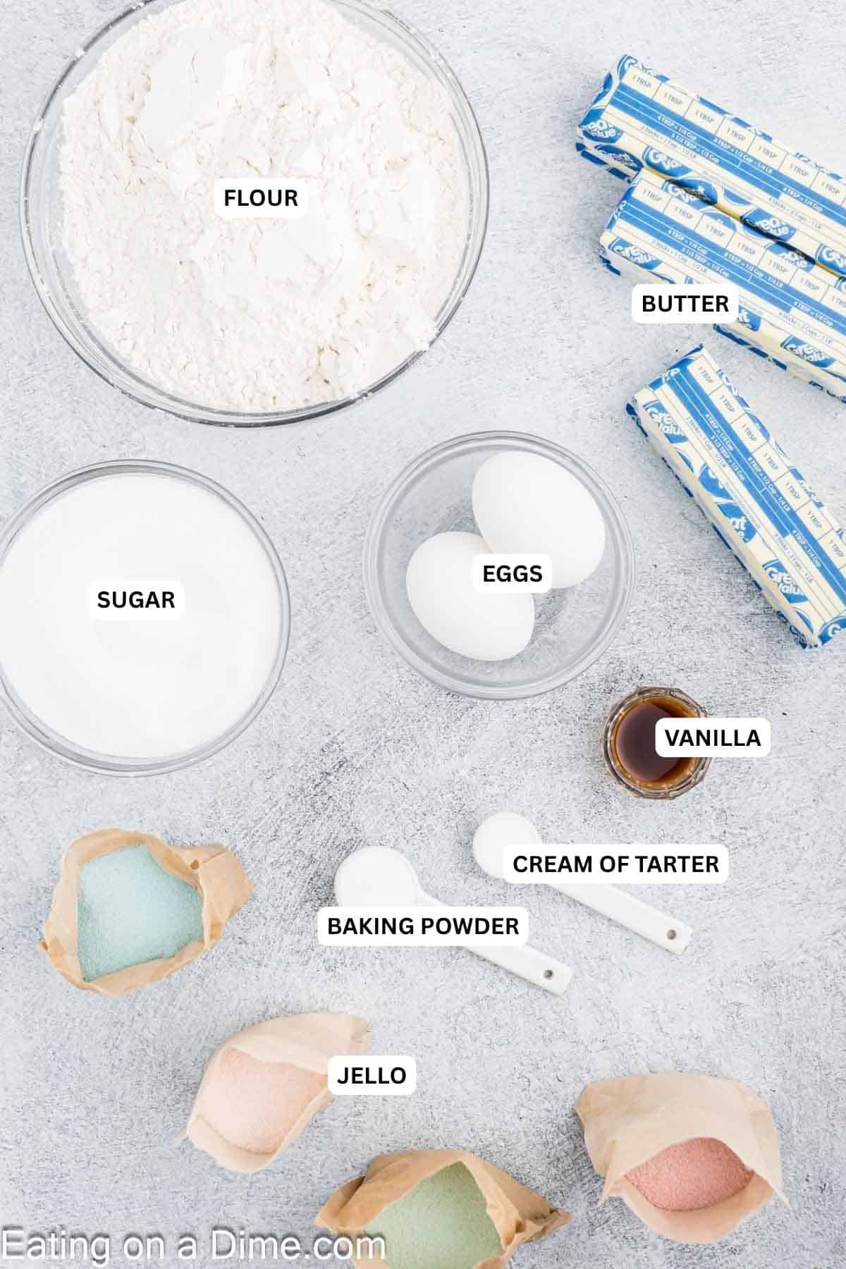 Ingredients for recipe: jello, baking powder, cream of tartar, vanilla, jello.