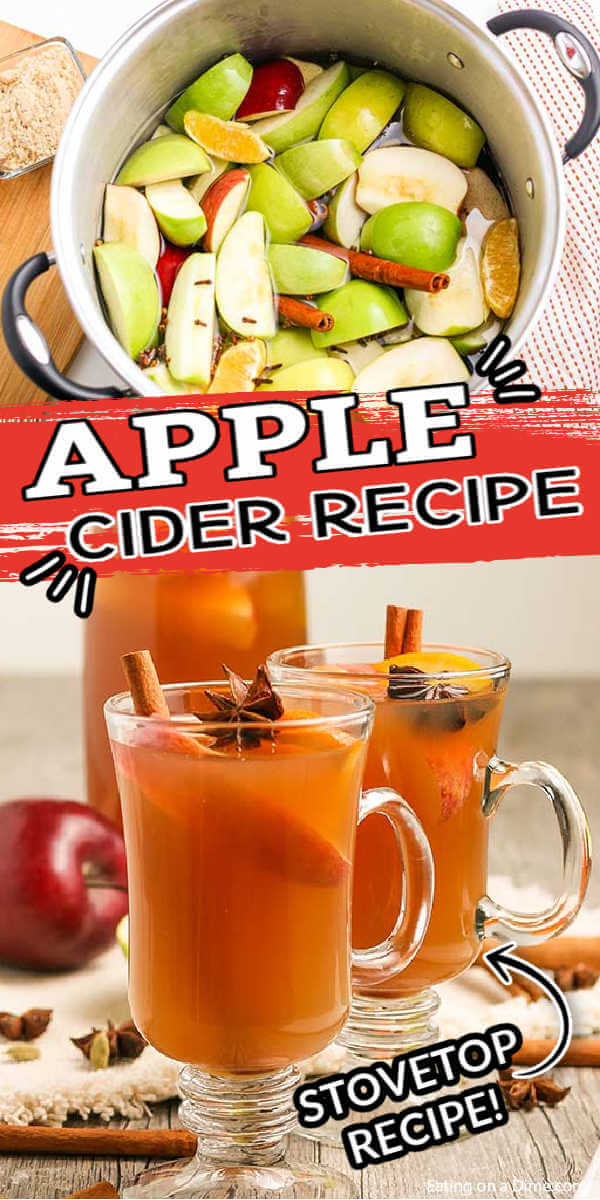The cooler weather is perfect for Homemade apple cider recipe. It is easy to make from scratch and will make your house smell amazing. Learn how to make the best Homemade apple cider recipe on the stovetop. #eatingonadime #homemadeapplecider