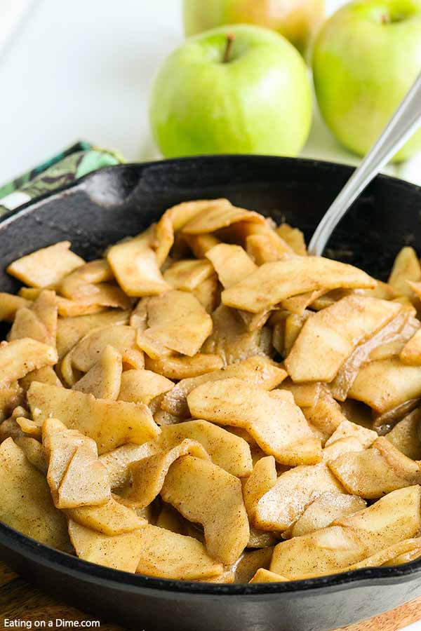 This Southern Fried apples recipe is so easy but tastes delicious. These are the best fried apples and you can enjoy them with any meal of the day! Learn how to make Southern homemade cinnamon apples that are healthy. You only need one pan for this easy recipe.#eatingonadime #fried apples #crackerbarrel