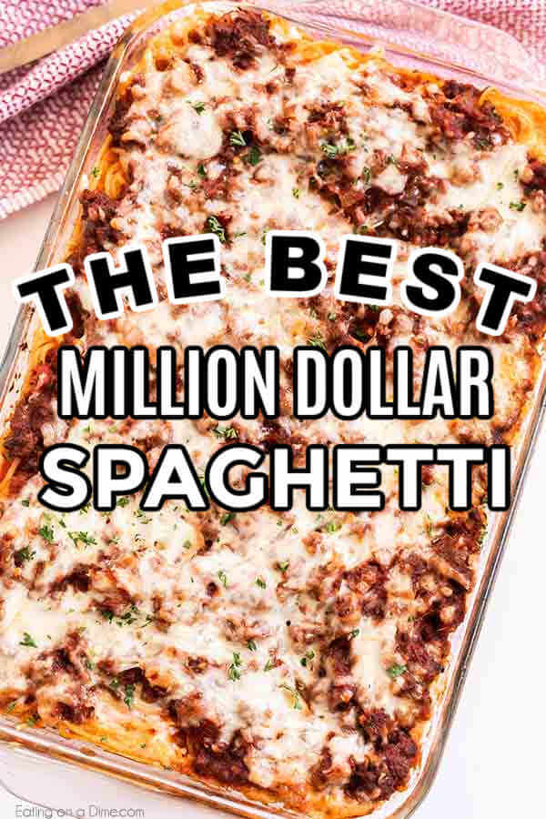 Million dollar spaghetti recipe has so much delicious cheese, ground Italian sausage and tons of flavor. This savory meal comes together in minutes for the best casserole without cottage cheese. Enjoyed baked spaghetti with ricotta, sour cream, cream cheese and more. #eatingonadime #milliondollarspaghetti #easydinners