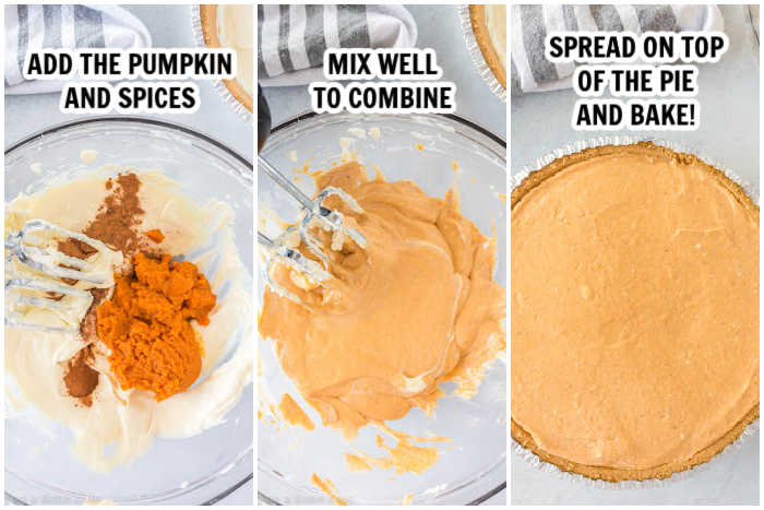 Photos showing how to make the pumpkin cheesecake layer of this cheesecake. 
