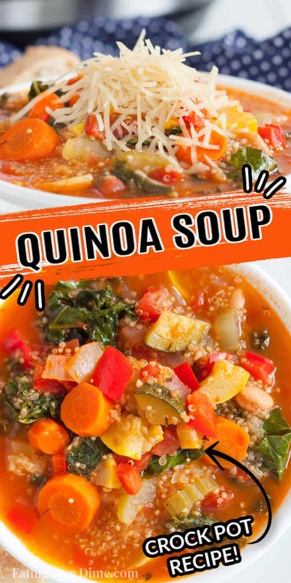 Crock pot quinoa soup recipe is slow cooked to perfection. The entire soup is filling but light enough to enjoy year round. It is the best comfort food. Quinoa soup is an easy slow cooker recipe and so healthy. Try Quinoa soup recipes in the crockpot for a vegetarian option. For another option, you can also add chicken to the veggie soup. #eatingonadime #crockpotquinoasouprecipe #recipeshealthy #vegan #vegetable