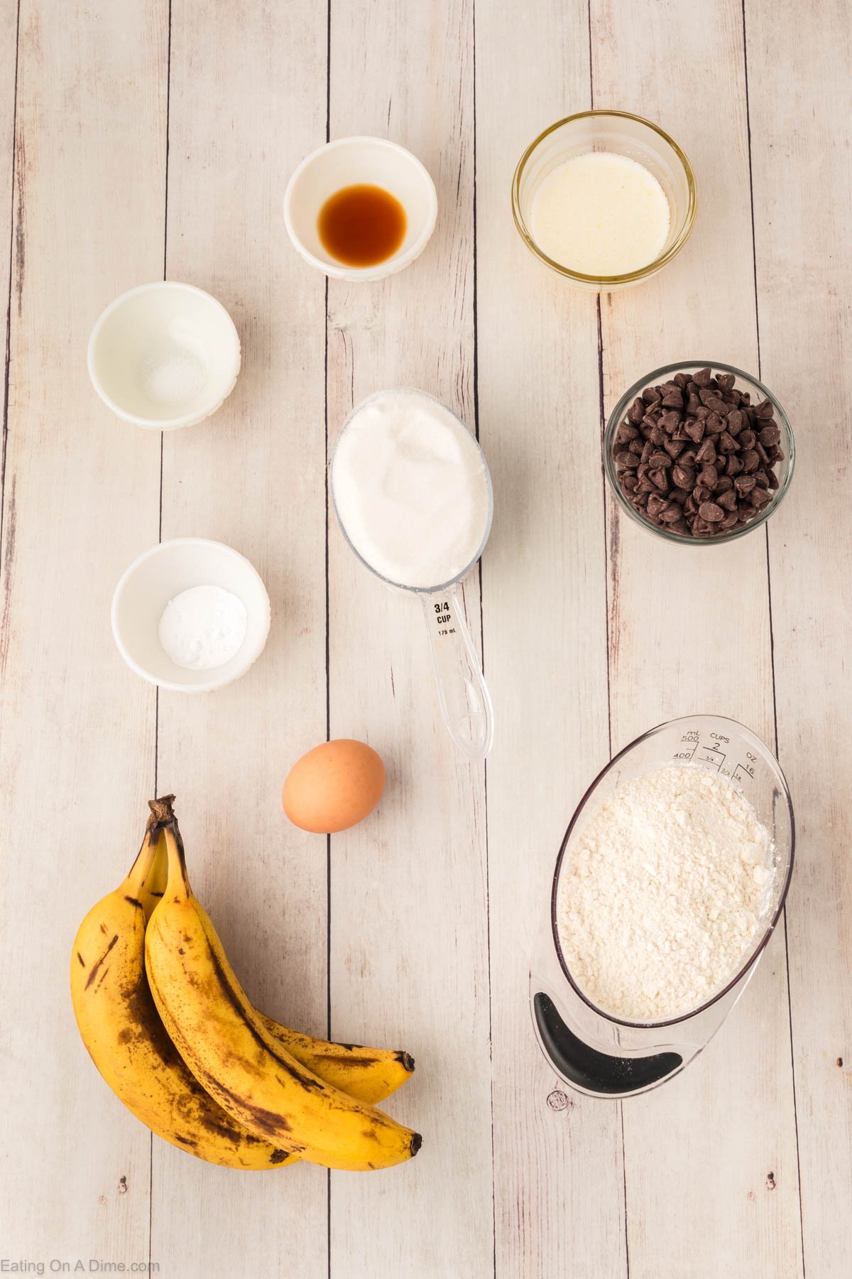 Ingredients needed - bananas, butter, eggs, sugar, vanilla, baking soda, salt, flour, chocolate chips