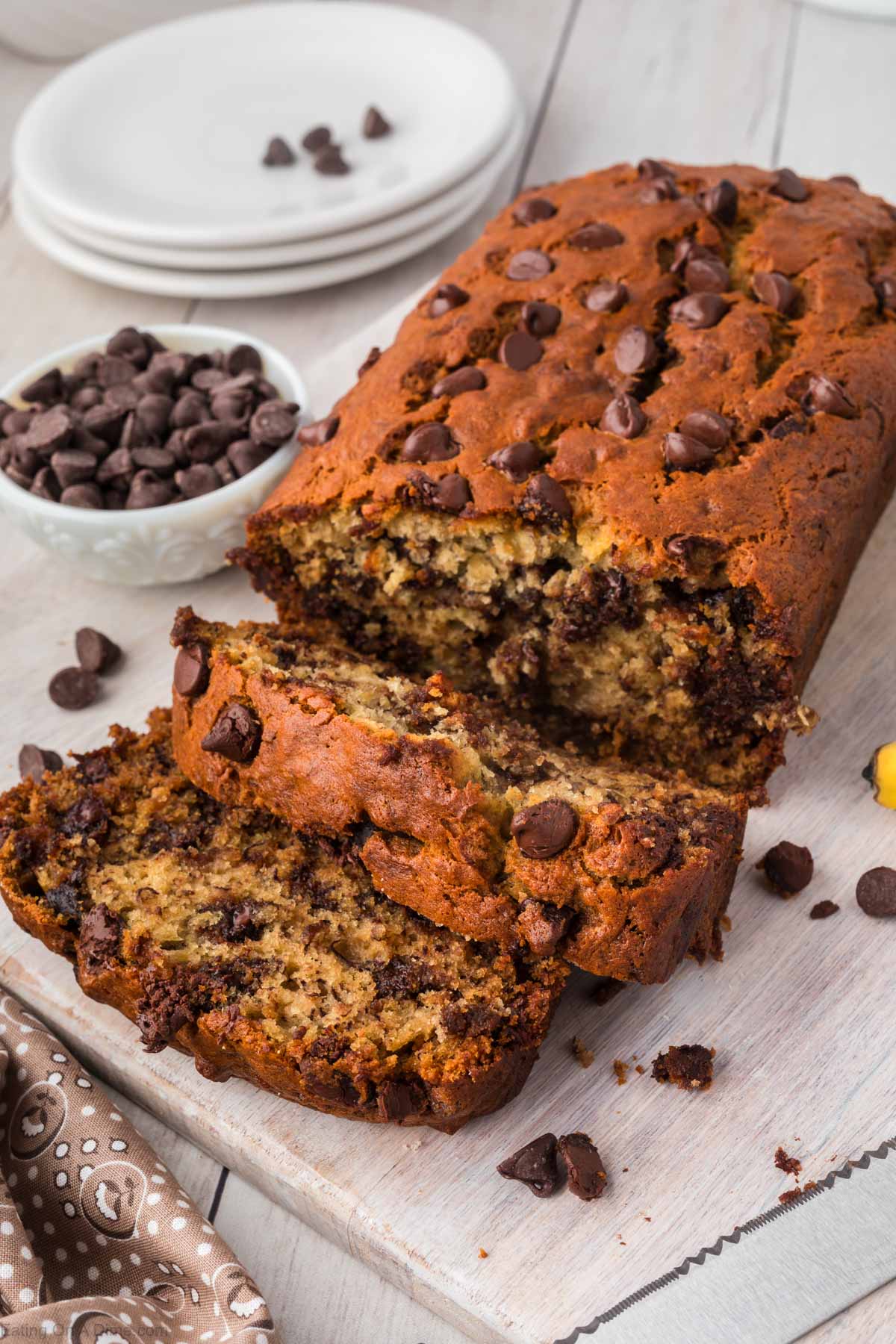 Chocolate Banana Bread sliced on a counter