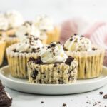 Mini Oreo cheesecakes made from a delicious mini Oreo cheesecake recipe are topped with swirls of whipped cream and cookie crumbles, arranged on a white plate, with more cheesecakes blurred in the background.