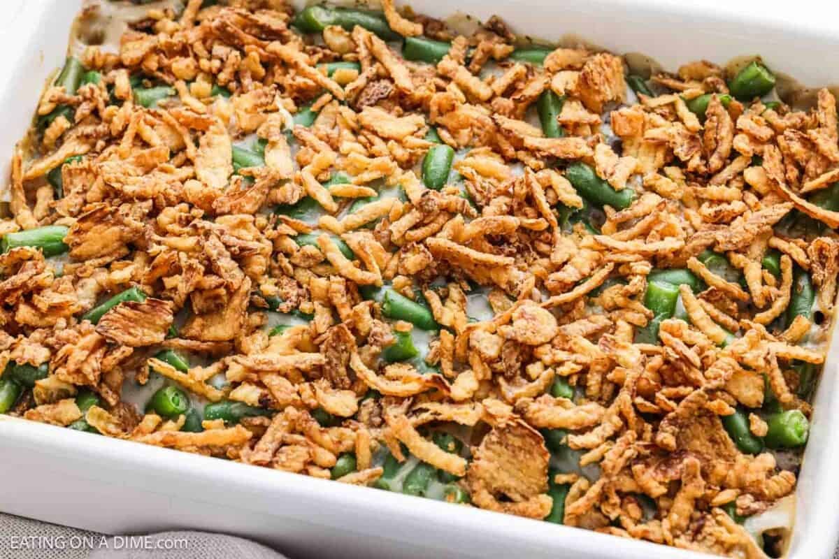 French fried onions topped with green beans mixture.