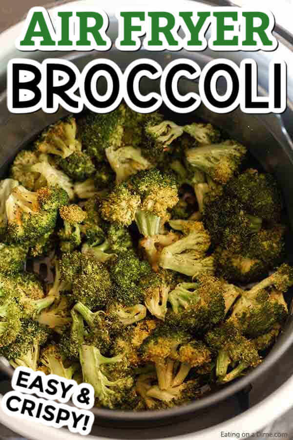 Try this recipe for air fryer broccoli in minutes. Each bite is crispy and tasty with amazing garlic flavor for the best side dish. Try this healthy and keto recipe for fresh broccoli. #eatingonadime #airfryerbroccoli #recipesfresh