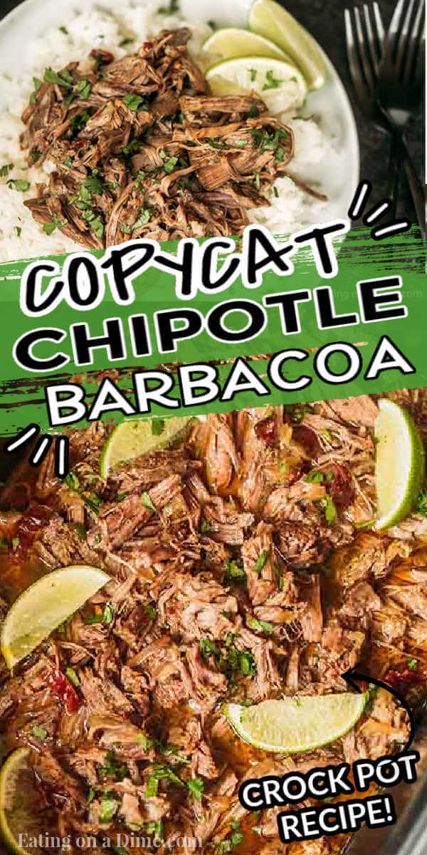 Enjoy slow cooker chipotle barbacoa recipe with little effort thanks to the crock pot. Tender beef is cooked to perfection and delicious with rice or tortillas. Try this copycat recipe for an easy crockpot meal. #eatingonadime #slowcookerchipotlebarbacoarecipe #copycat #recipeslowcooker