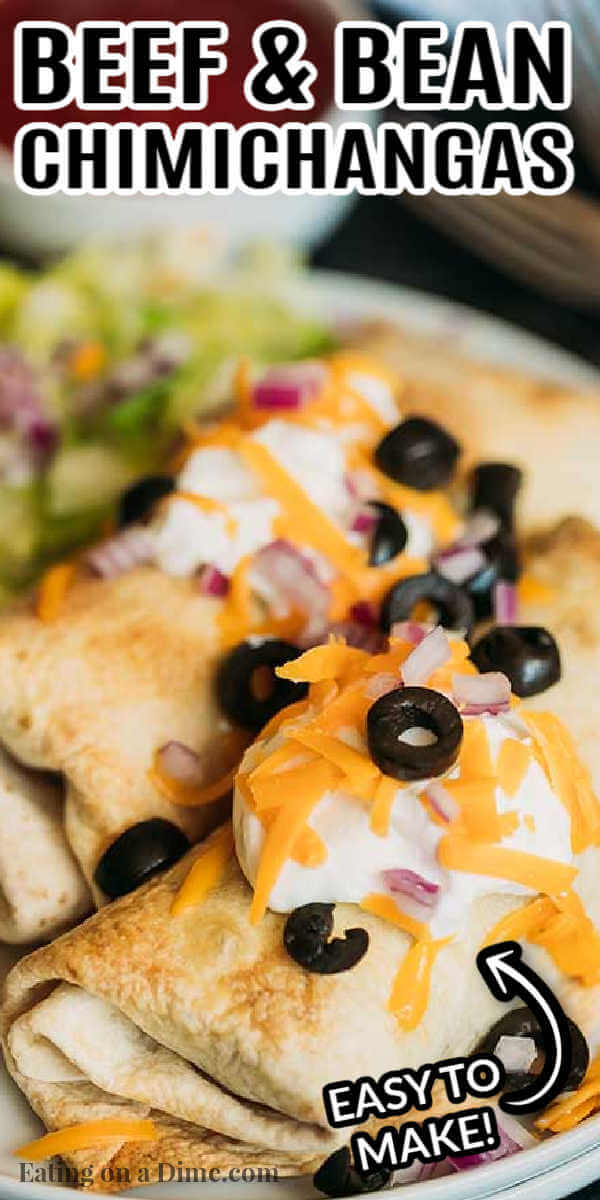 Your family will love this crispy and delicious Beef chimichanga recipe. Try baked beef and bean chimichangas for a simple and frugal meal. Beef bean and cheese chimichangas stretch your meat budget. Enjoy ground beef and bean chimichangas in minutes. #eatingonadime #beefandbeanchimichangas #beefbeanchimichangas