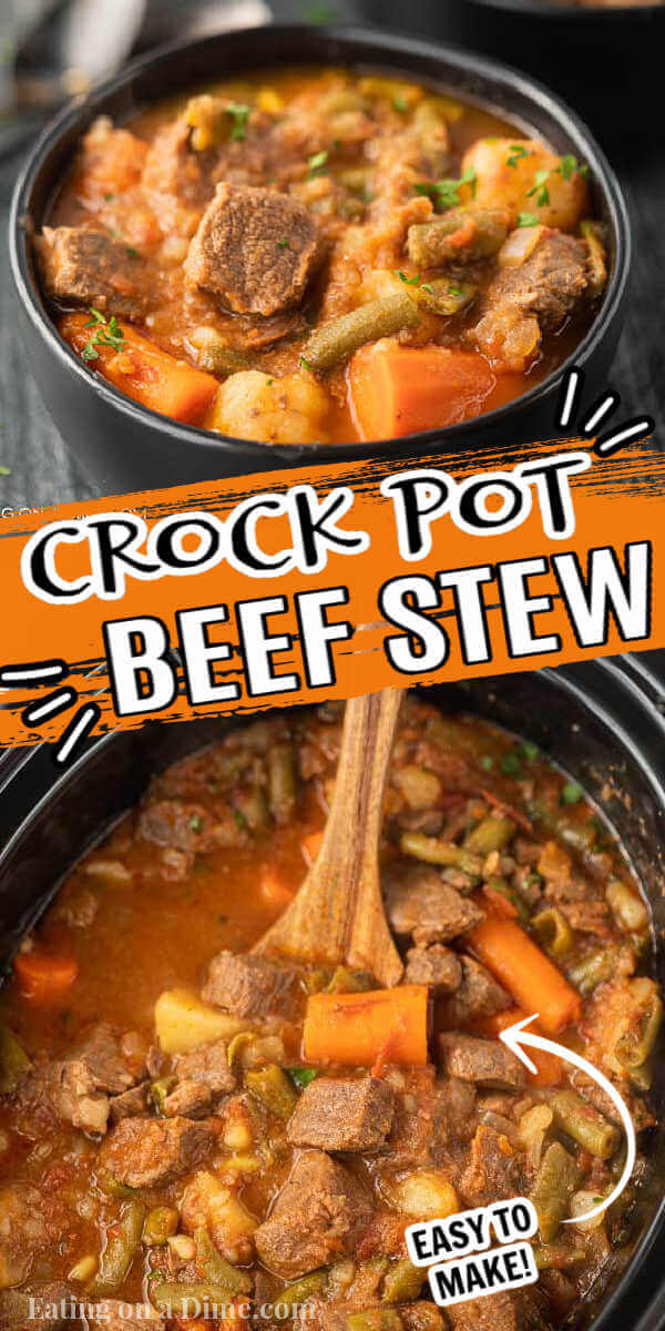 Quick & Easy Crock pot Beef Stew Recipe - A Simple beef stew recipe that is packed with flavor. Try this easy beef stew crock pot recipe. This is the best, healthy Easy Slow Cooker beef stew recipe. You are going to love this easy vintage crock pot recipe. #eatingonadime #crockpotrecipes #slowcookerrecipes #beefstewrecipes 