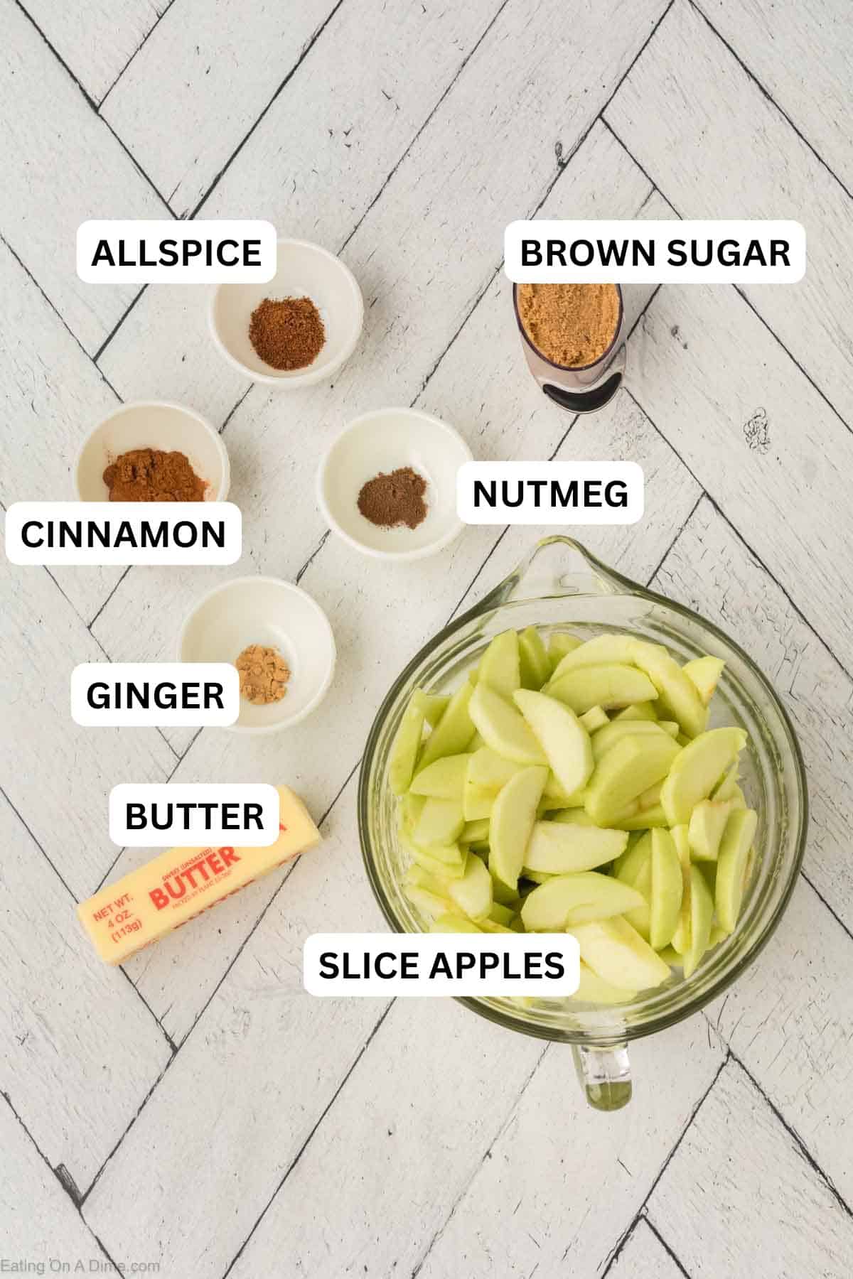 Ingredients for recipe: Butter, apples, cinnamon, nutmeg, allspice, ginger and brown sugar.