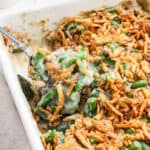 Green bean casserole in a baking dish.