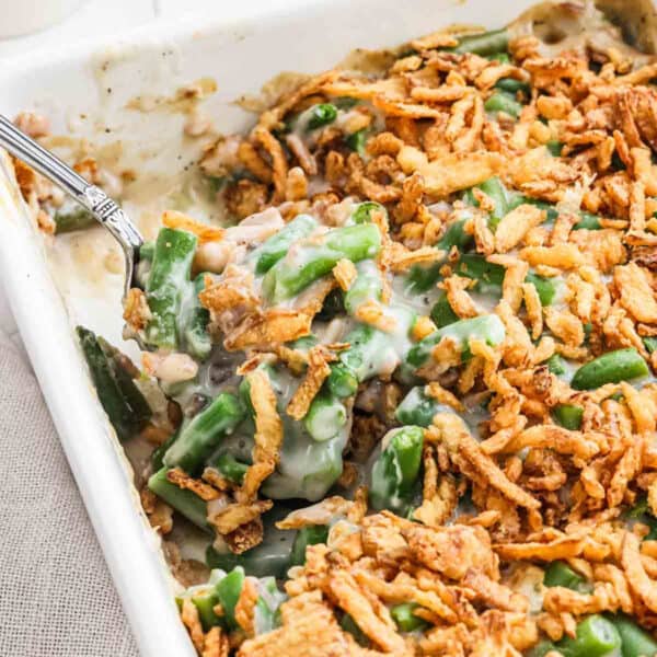 Green bean casserole in a baking dish.
