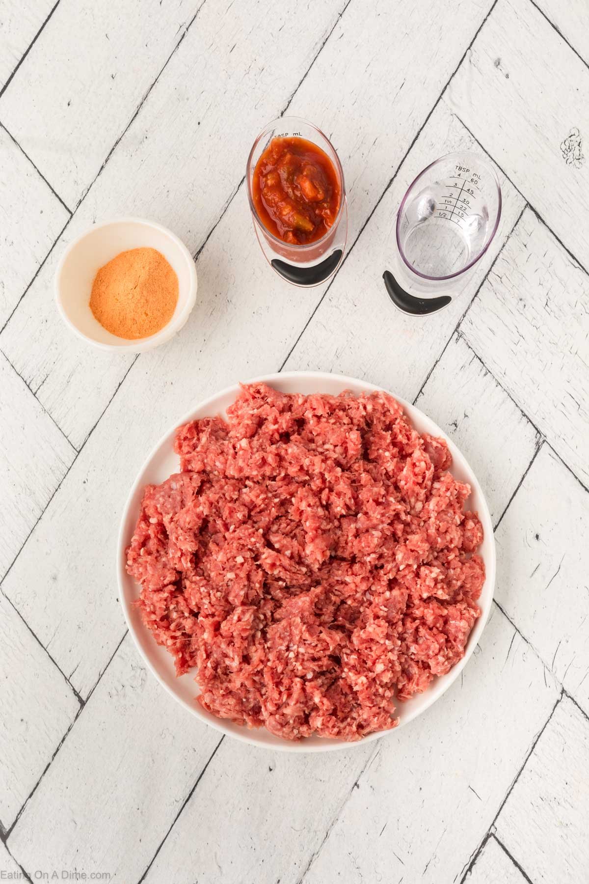 Ingredients for Ground beef Tacos - ground beef, taco seasoning, salsa, water