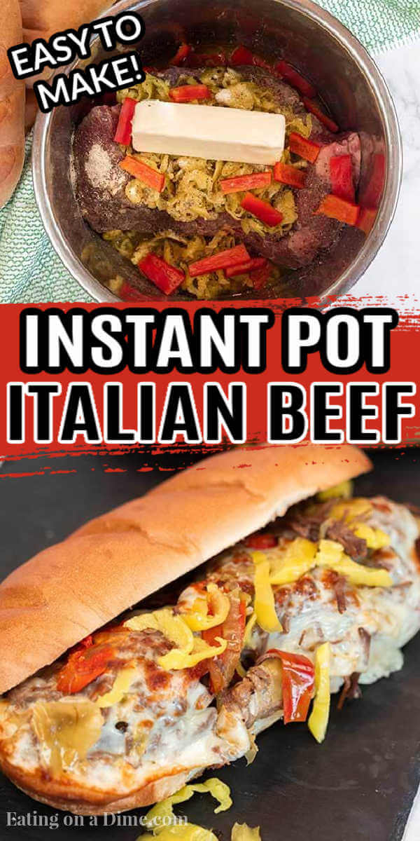 The pressure cooker makes homemade Italian beef sandwiches quick and easy with chuck roast. The beef is so tender and the hot peppers make this instant pot recipe flavorful and authentic. Learn how to make the best shredded Chicago style sandwiches in the insta pot. #eatingonadime #instantpotitalianbeefsandwiches #chicago #instapot