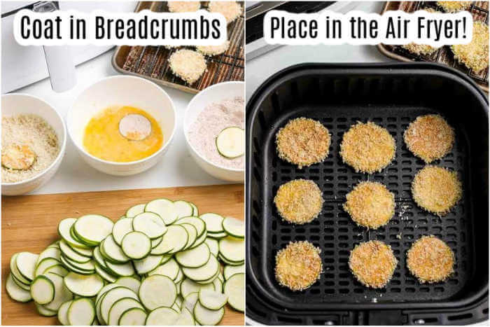 Craving a crispy and salty snack? Try making easy Air fryer zucchini chips for a healthy snack idea that even the kids will enjoy.  The entire family will enjoy breaded air fryer parmesan zucchini chips. Learn how to make easy air fryer healthy snacks. If you are eating low carb, air fryer zucchini chips low carb is a great snack idea. #eatingonadime #airfryerzucchinichips #airfryer #airfryerzucchinichipsparmesan #parmesanzucchinichipsinairfryer #airfryerzucchinichipspanko #airfried