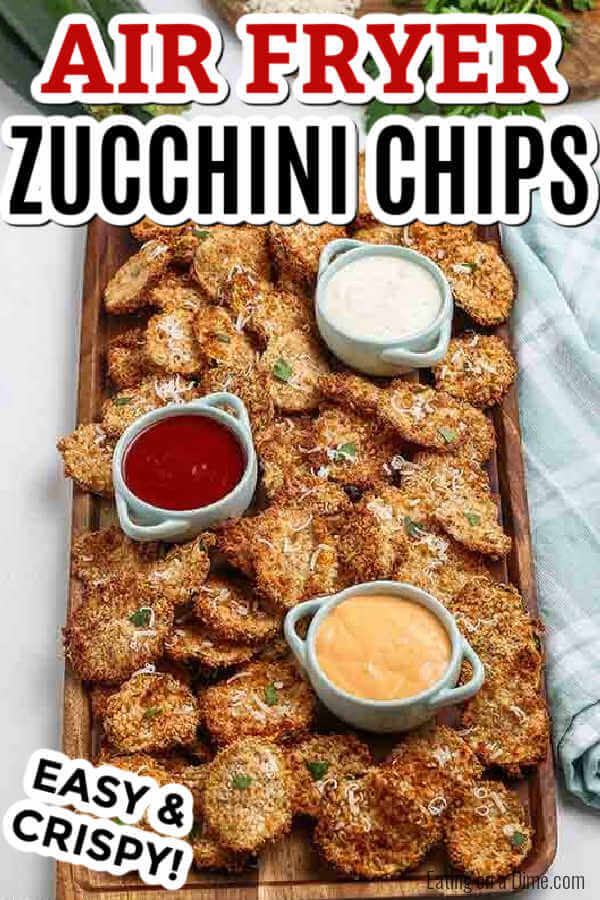 Craving a crispy and salty snack? Try making easy Air fryer zucchini chips for a healthy snack idea that even the kids will enjoy.  The entire family will enjoy breaded air fryer parmesan zucchini chips. Learn how to make easy air fryer healthy snacks. If you are eating low carb, air fryer zucchini chips low carb is a great snack idea. #eatingonadime #airfryerzucchinichips #airfryer #airfryerzucchinichipsparmesan #parmesanzucchinichipsinairfryer #airfryerzucchinichipspanko #airfried