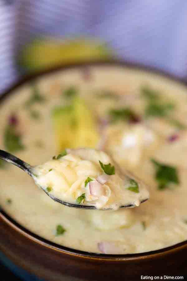 Crock pot green enchilada chicken soup is so creamy. The cheese and green enchilada sauce create a rich and creamy soup with hearty chicken. Green Enchilada Chicken Soup is the best recipe and healthy. Try this easy slow cooker soup. #eatingonadime #greenchickenenchiladasoup #crockpot 