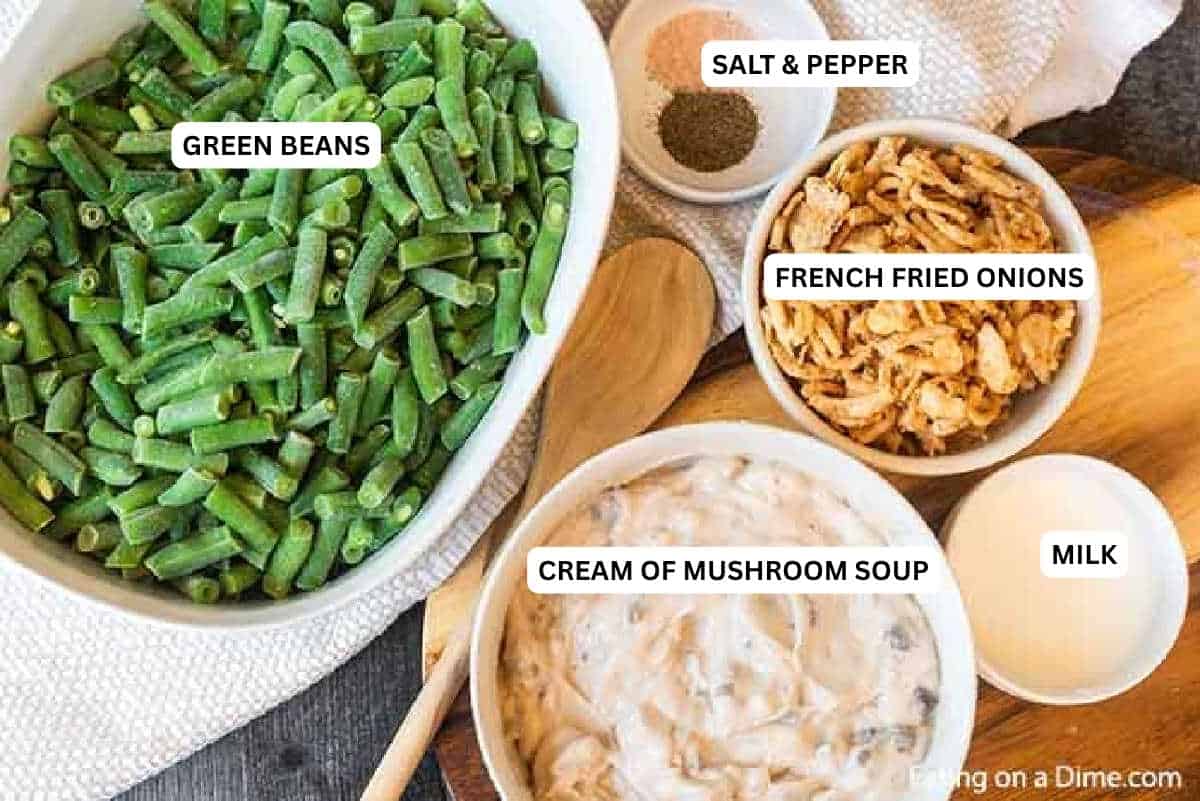 Ingredients for recipe: green beans, French fried onions, milk and cream of mushroom soup. 