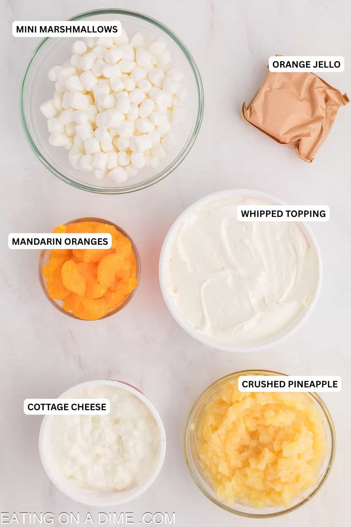 Ingredients for recipe: whipped topping, mandaring oranges, mini marshmallows, orange jello, cottage cheese, crushed pineapple.