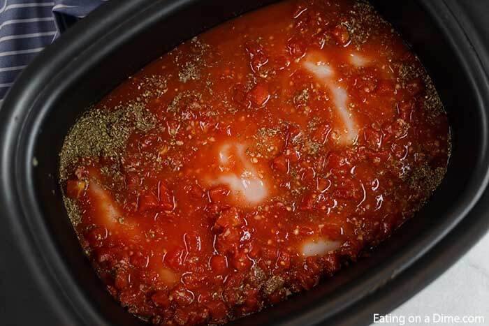 Slow cooker tomato basil chicken recipe is so creamy with the best tomato sauce. The crock pot makes it easy. Crock Pot Tomato Basil Chicken is great with rice or pasta. Everyone will go crazy over Slow Cooker Tomato Basil Chicken recipe. #eatingonadime #tomatobasilchicken #slowcooker #slowcookercreamy