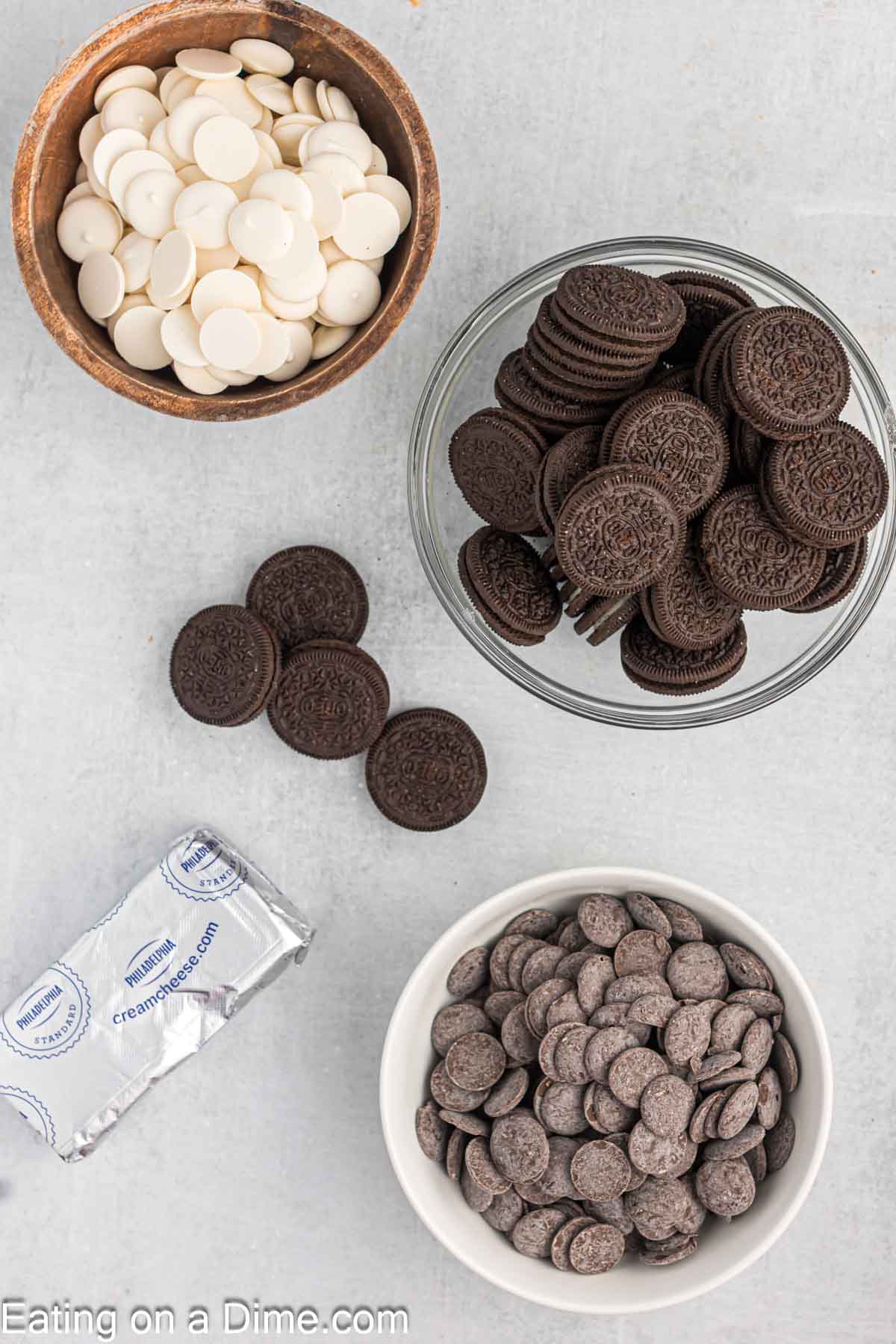 Ingredients needed for Oreo Truffles - Oreos, cream cheese, melting chocolate