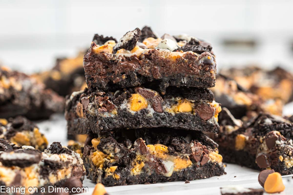 Oreo Magic Bars cut into squares and stacked