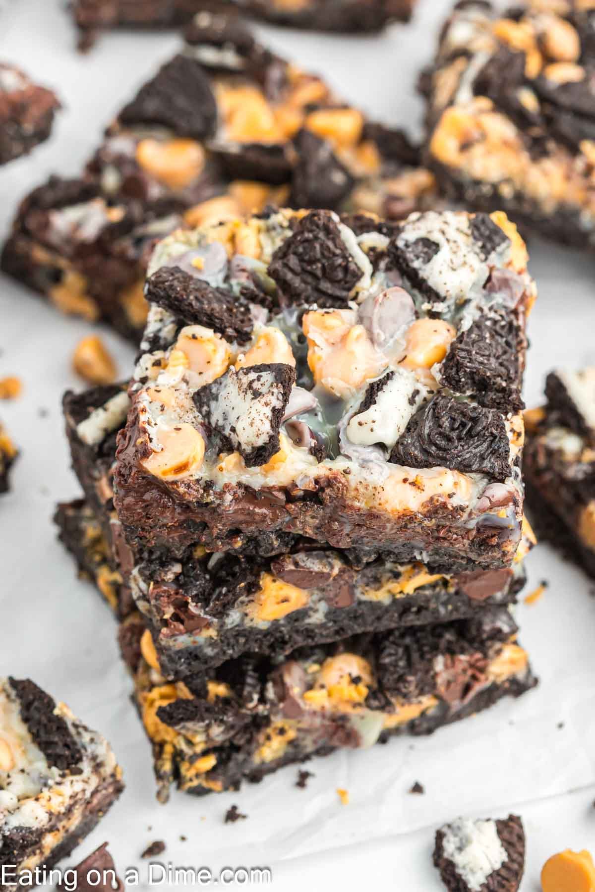 Oreo Magic Bars cut into squares and stacked
