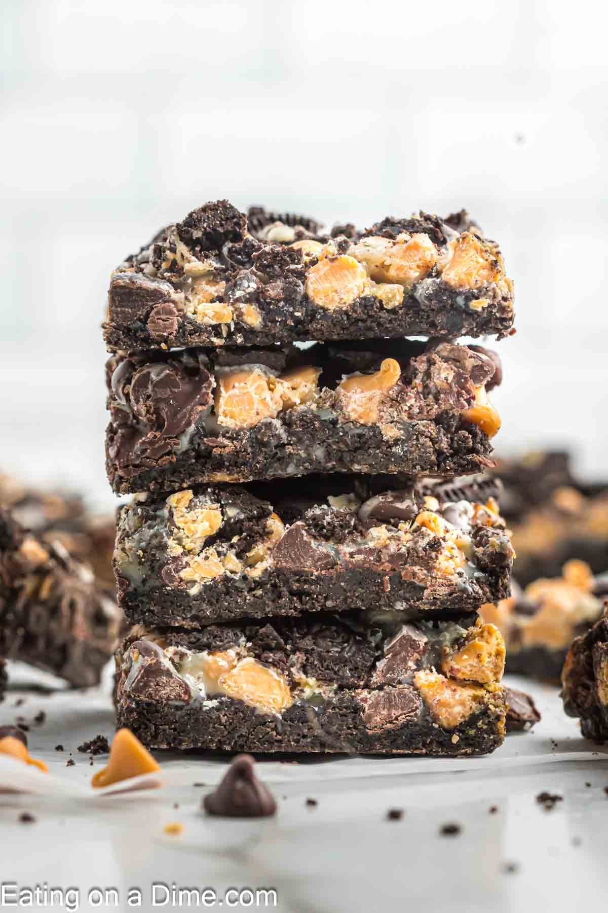 Oreo Magic Bars cut into squares and stacked