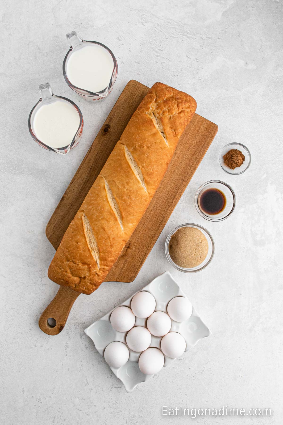 Ingredients needed for French Toast - Bread, eggs, heavy cream, milk, brown sugar, vanilla extract, cinnamon