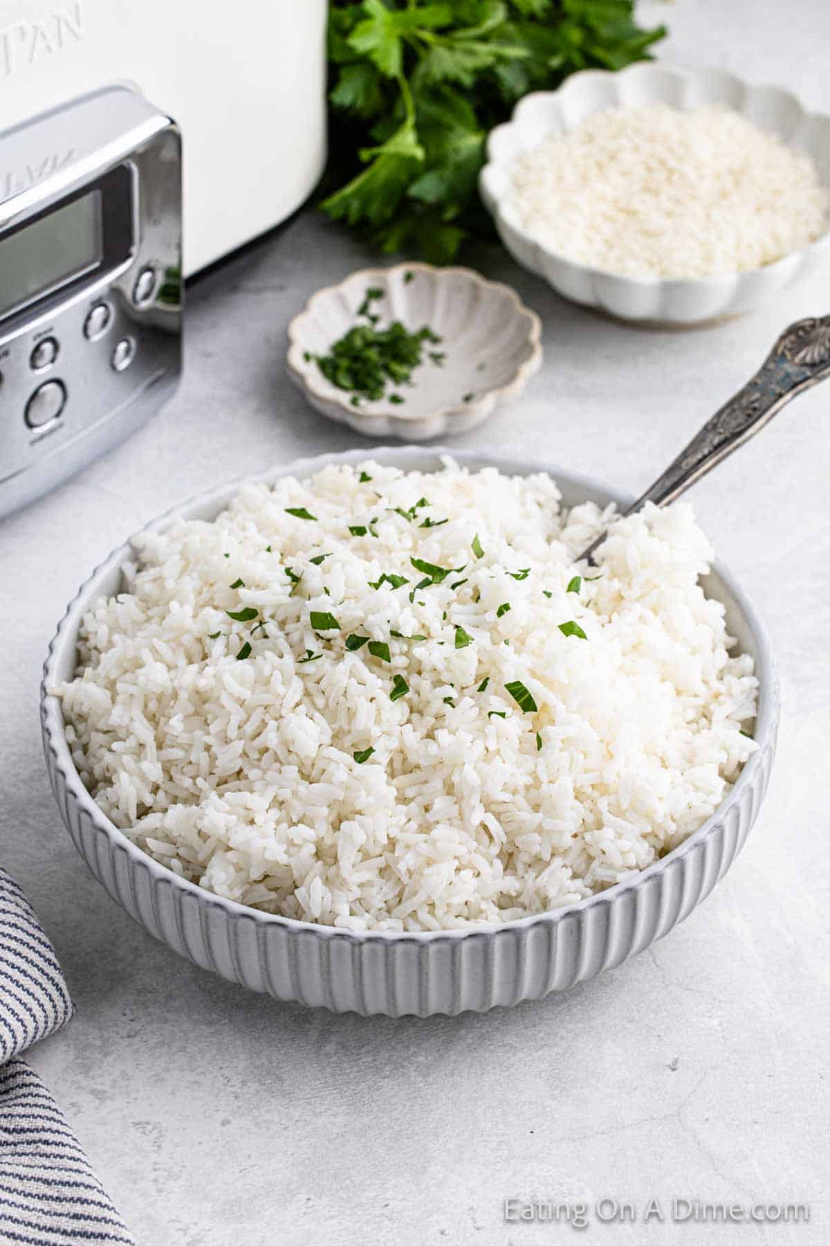 White Rice in a bowl topped with fresh parsley 