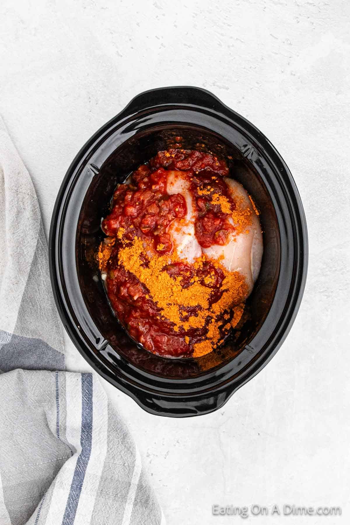 Chicken, salsa, and taco seasoning placed in the crock pot