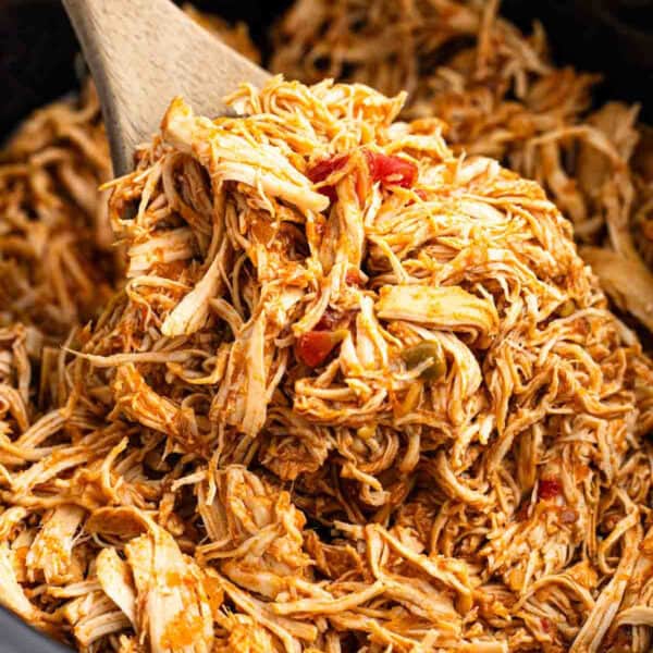 Shredded chicken mixed with salsa in the crockpot.