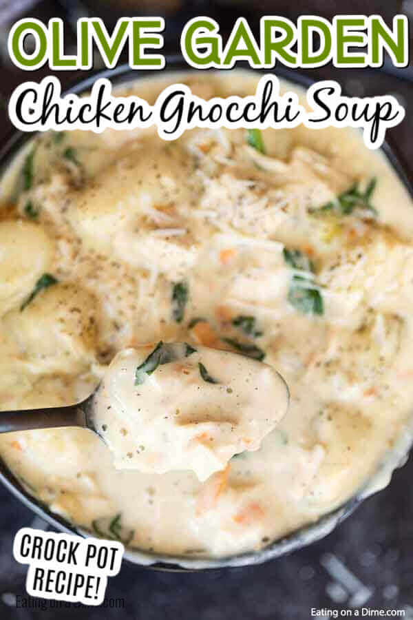  Crock pot olive garden chicken gnocchi soup will satisfy your Olive Garden craving. This creamy and hearty soup is easy and delicious. Make Olive Garden chicken gnocchi soup in crock pot for the best homemade copycat recipe. Chicken and gnocchi soup with heavy cream is easy in the slow cooker. #eatingonadime #olivegardenchickengnocchisoup #crockpot 