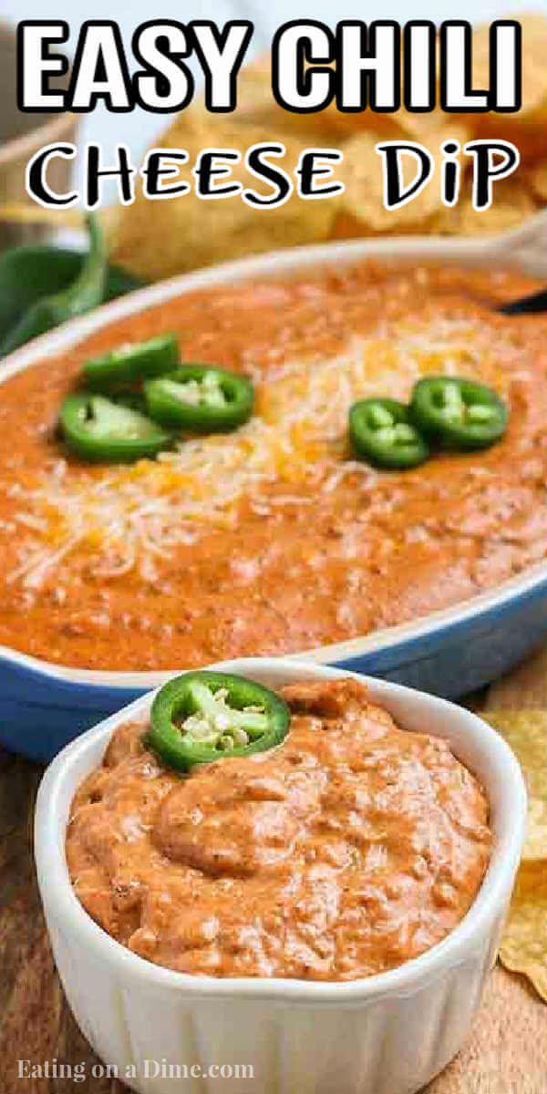 Chili cheese dip recipe is the perfect appetizer when you are craving comfort food. It is the best dip and so inexpensive to make. Chili cheese dip with cream cheese is easy and delicious served warm out of the oven. Try this homemade hot chili cheese dip with no beans. #eatingonadime #chilicheesedip #creamcheese #chilicheesedipeasy