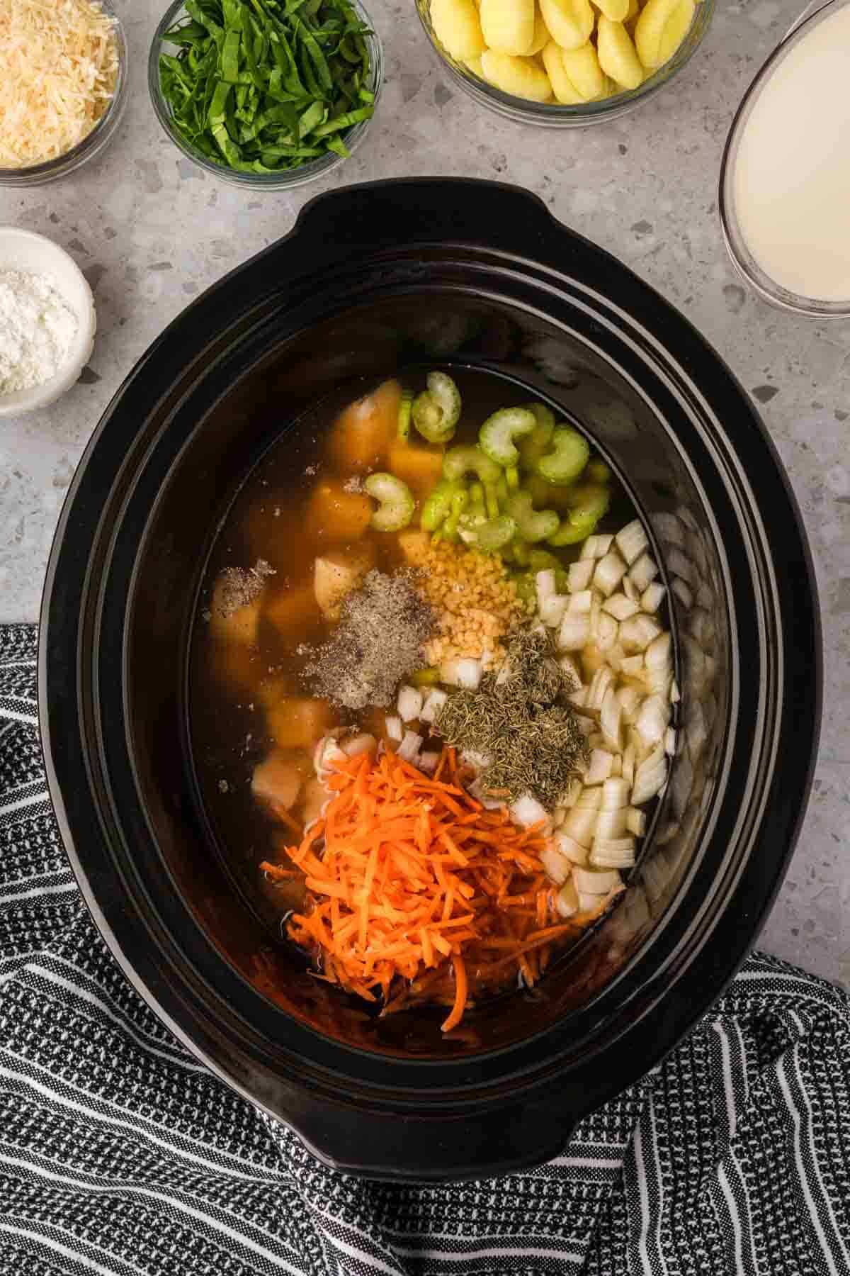 Adding the chicken, onion, celery, garlic, carrots, seasoning and chicken broth to the crock pot